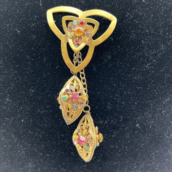 Unbranded Jewelry - Vintage Gold Tone Multicolored Rhinestone Chain Pendant Filigree Brooch Pin